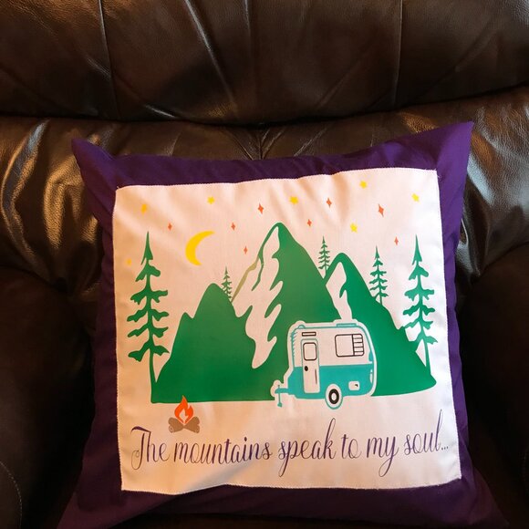 Mountain Camping Pillow Cover, 18x18: Handmade Vintage Camper Teal Purple Decor - Picture 5 of 10